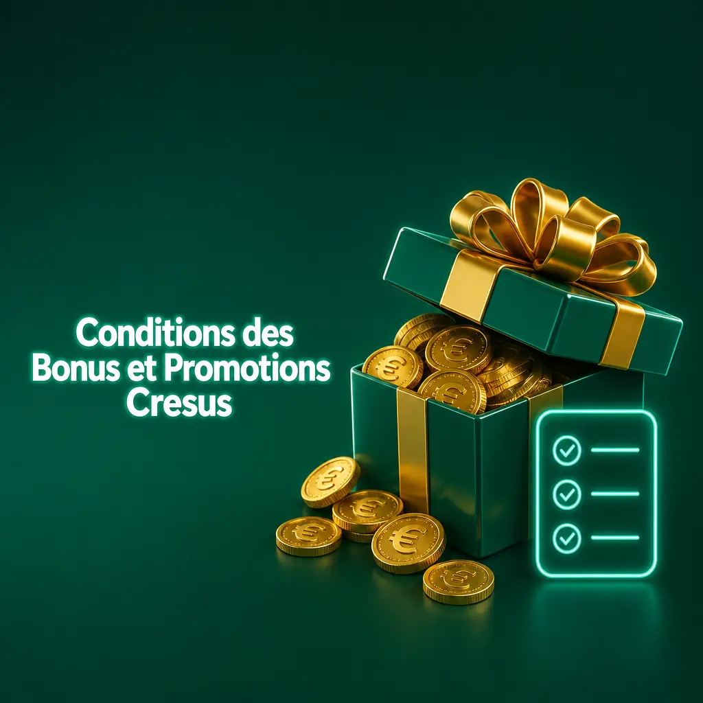 Conditions générales des bonus et promotions Cresus : mise, dépôt minimum, délais et règles de retrait des gains.