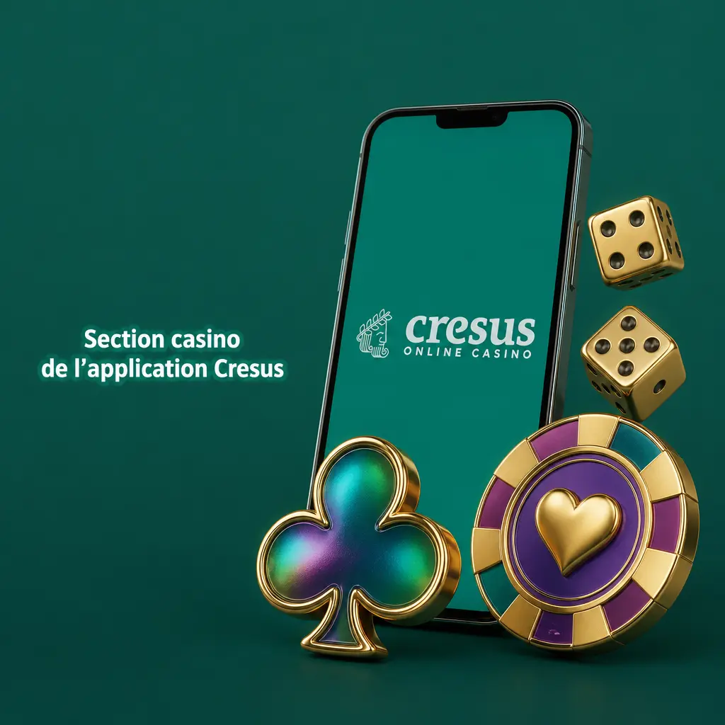 Section casino de l'application Cresus avec catégories : machines à sous, jeux de table, live casino et jackpots progressifs.