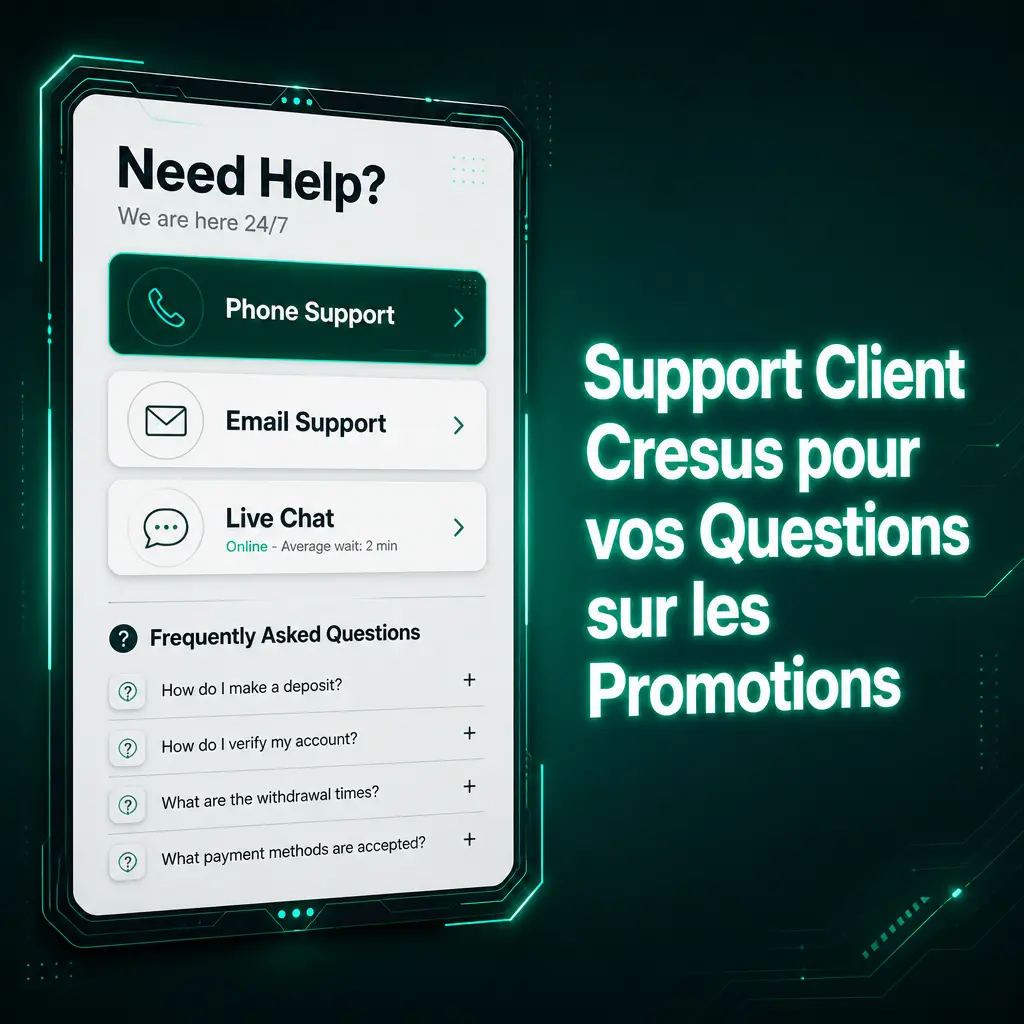 Support client Cresus Casino disponible 24h/24 pour répondre aux questions sur les bonus et codes promo